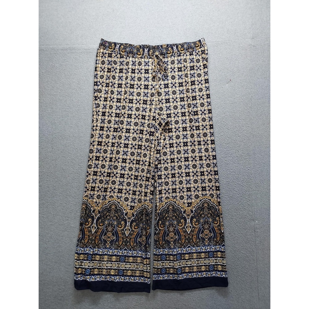 Roz & Ali Pants Womens 1X Blue Paisley Wide Leg Pull On Stretch Boho Casual